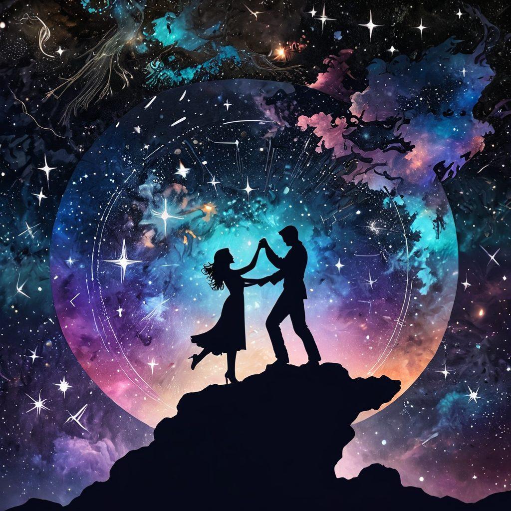 A harmonious celestial scene showing constellations and zodiac signs intertwined with human silhouettes in elegant dance, illustrating the cosmic influence on romantic relationships. The planets are aligned and glowing, casting a soft, magical light on the couple below. Include detailed star maps and vibrant nebulae for added cosmic depth. ethereal, surreal, vibrant colors, galaxy background, vector art.