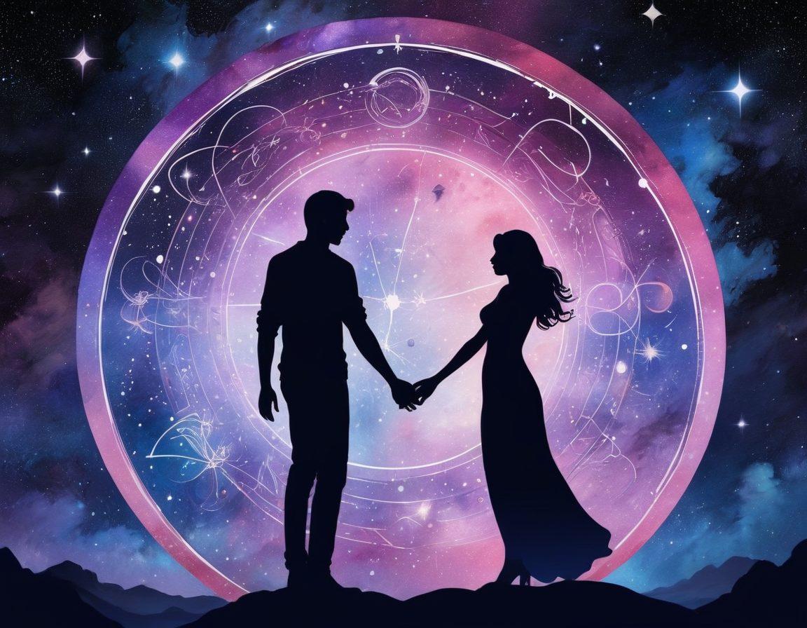A cosmic scene featuring intertwined constellations forming the shapes of couples holding hands, surrounded by twinkling stars and zodiac symbols. The background should showcase a dreamy night sky with vibrant nebulae and galaxies. The image should exude a sense of warmth, connection, and romance, highlighting the celestial magic of astrology. painting. vibrant colors.