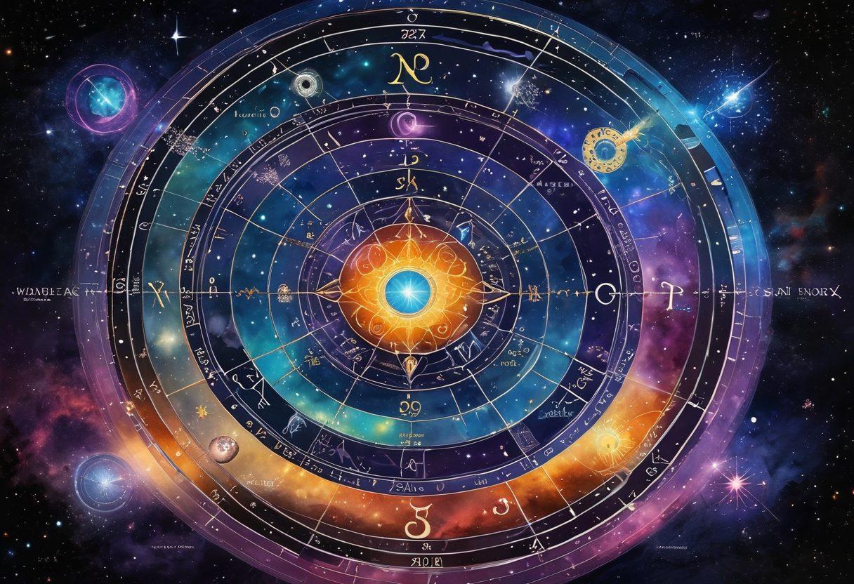 Two intricately detailed natal charts overlaid with sparkling zodiac constellations, set against a cosmic background. The charts should have interconnected lines symbolizing synastry between them, and vibrant celestial colors illuminating the scene. Include subtle astrological symbols and planetary glyphs subtly integrated into the design. painting. vibrant colors. cosmic background.
